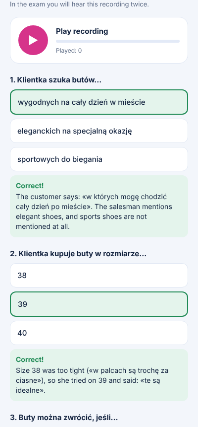 Listening task with explanations of the answers