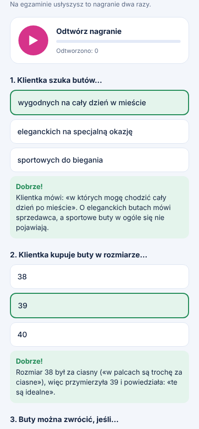 Zadanie ze słuchania z wyjaśnieniami odpowiedzi